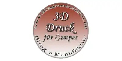 Rundes Logo mit der Aufschrift „3D Druck für Camper“ und „Bling’s Manufaktur“ in roséfarbenem Verlauf.